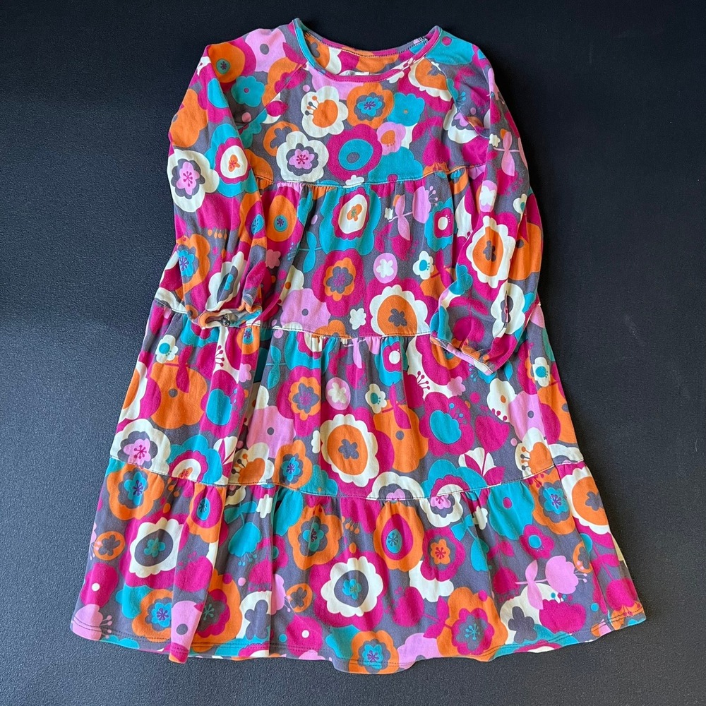 Green CottonGarnet Hill Kids Floral Tiered Long Sleeve Dress Size 8 Pink Multi